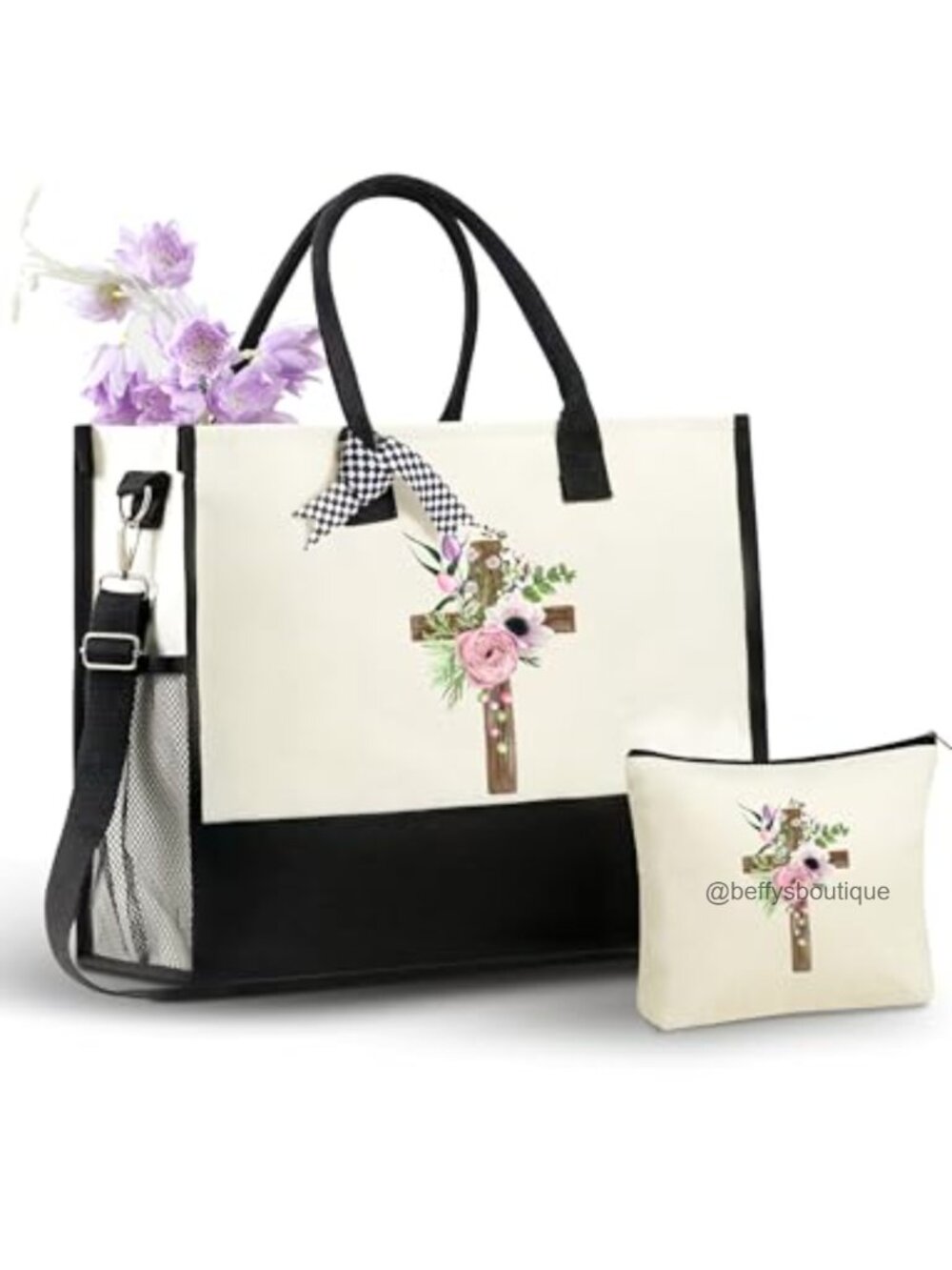 Canvas Tote Bag with Makeup Pouch Set Zippered Shoulder Strap